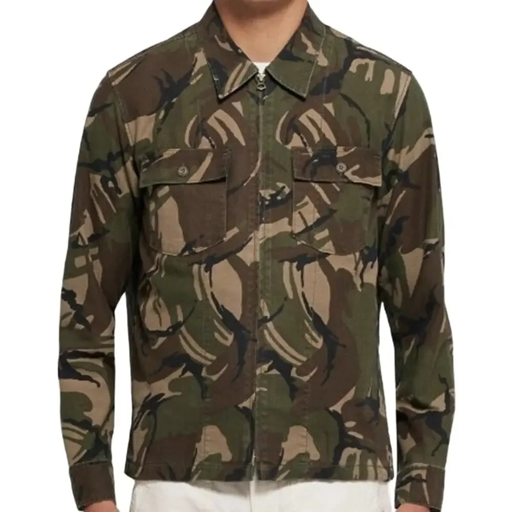Wallace & Barnes J.Crew Shirt Jacket Camouflage Cotton Canvas Zip Up Green Large